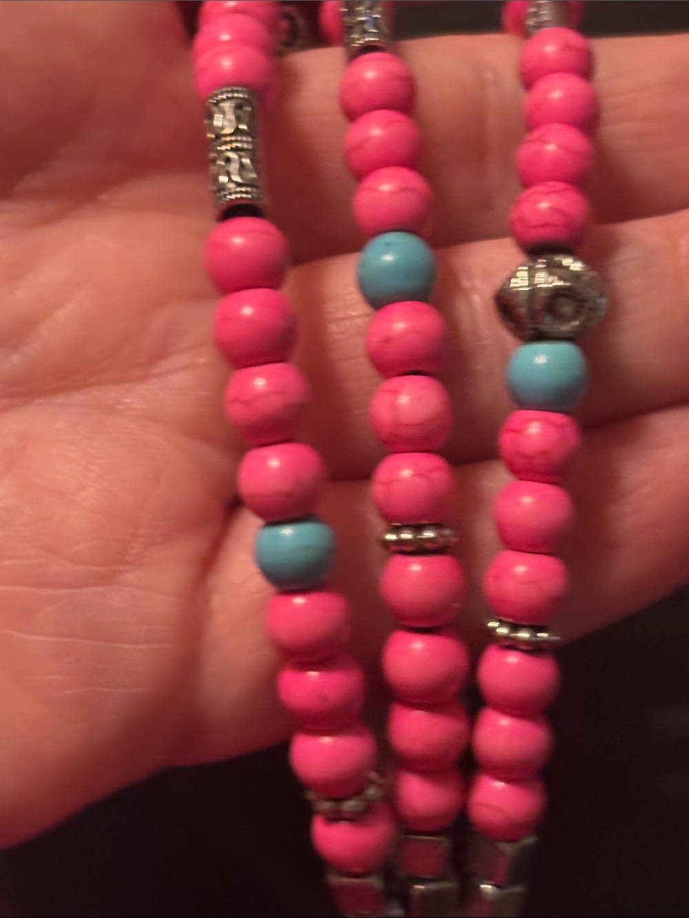 Pink and Blue Stone Beaded Stackable Bracelets with Silver Accents - Picture 8 of 13